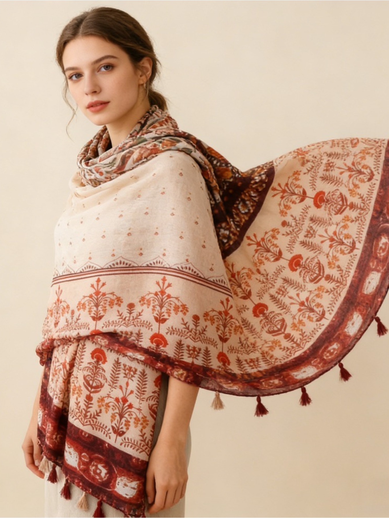 Go Ethnic Fashion - 1 Stück französischer Retro-Druck-Schal in Karamellfarbe,