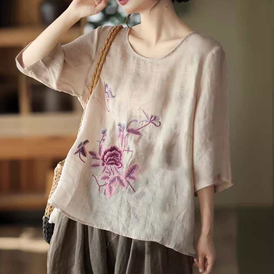 New Ethnic Fashion - Übergröße Damen Sommer Retro Bluse Baumwolle