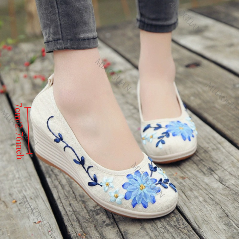 Ethnic Fashion Women - Bestickte Damen-Komfort-Keilabsatzschuhe, modische Schleifen-Damenschuhe mit hohen