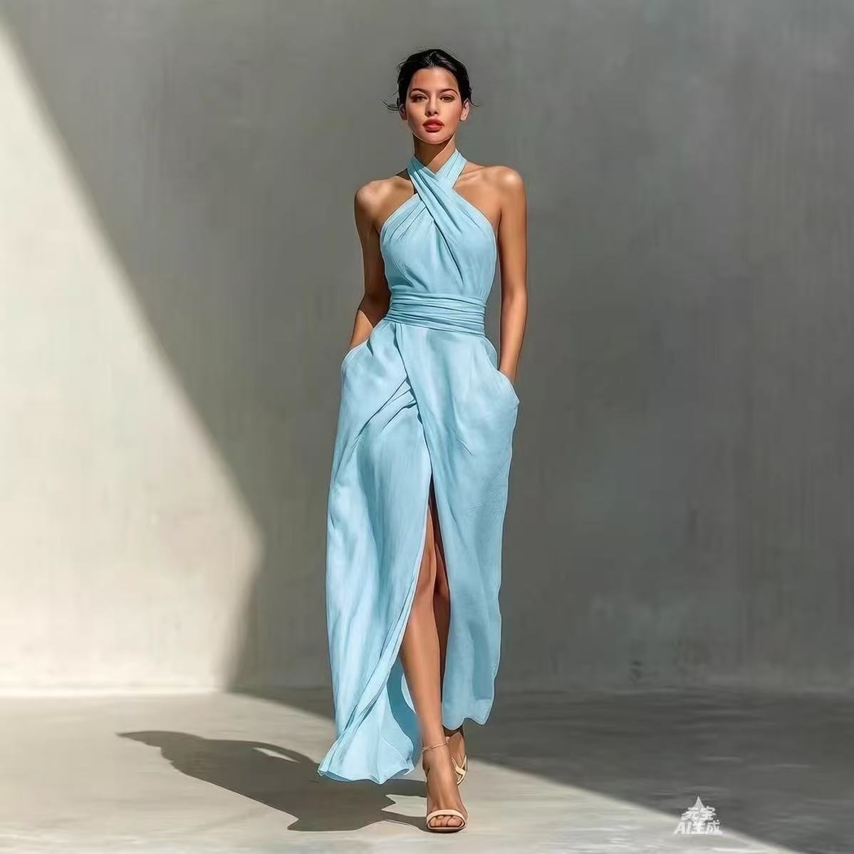 Ethnic Fashion Design - Schickes, einfarbiges, langes Boho-Kleid mit Frontschlitz